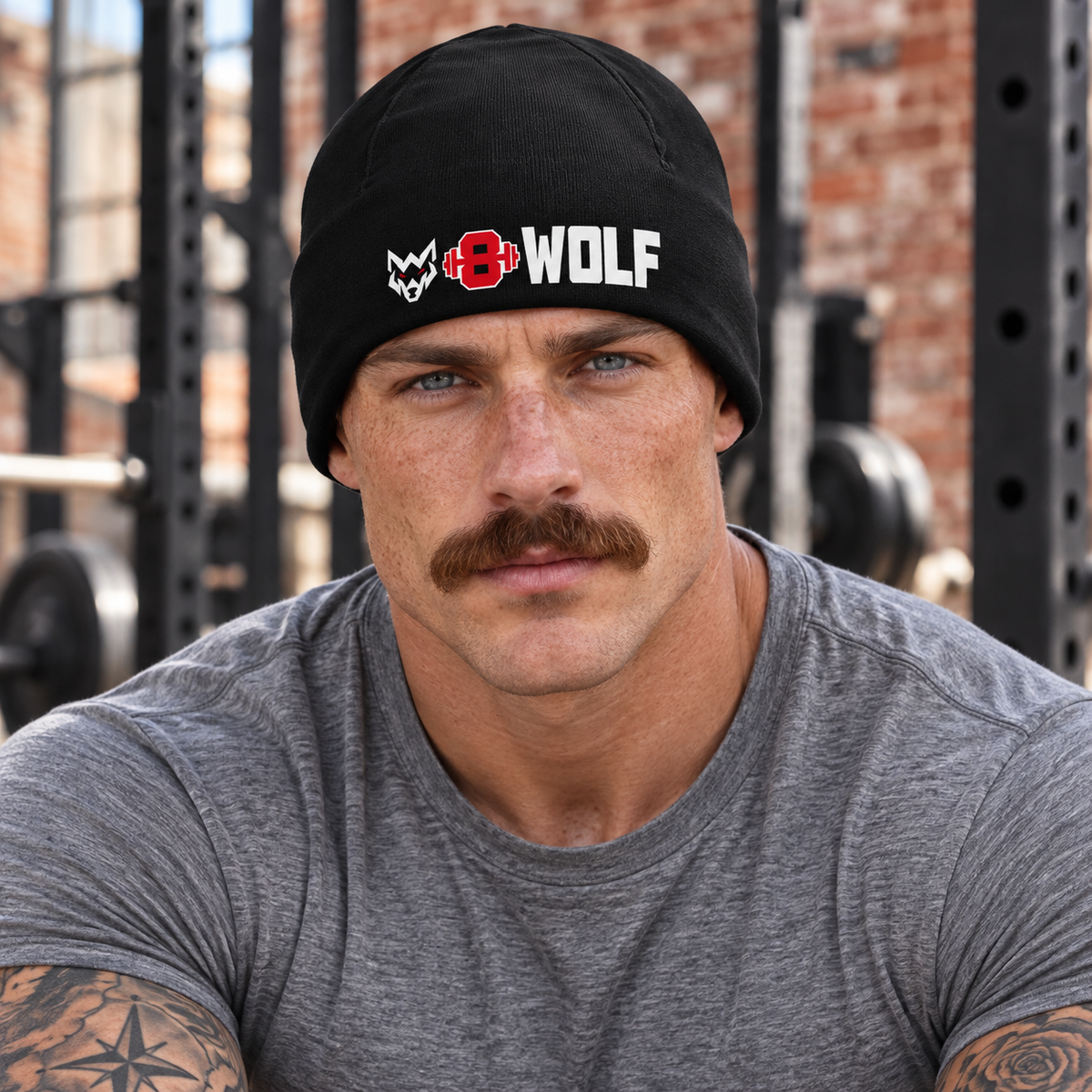 AI-generated original adult tattooed strongman wearing W8WOLF Logo Beanie Black in an urban gym. Actual smooth black uncuffed beanie and original white wolf red eyes red barbell8 white WOLF retained. Gray tee styling only.