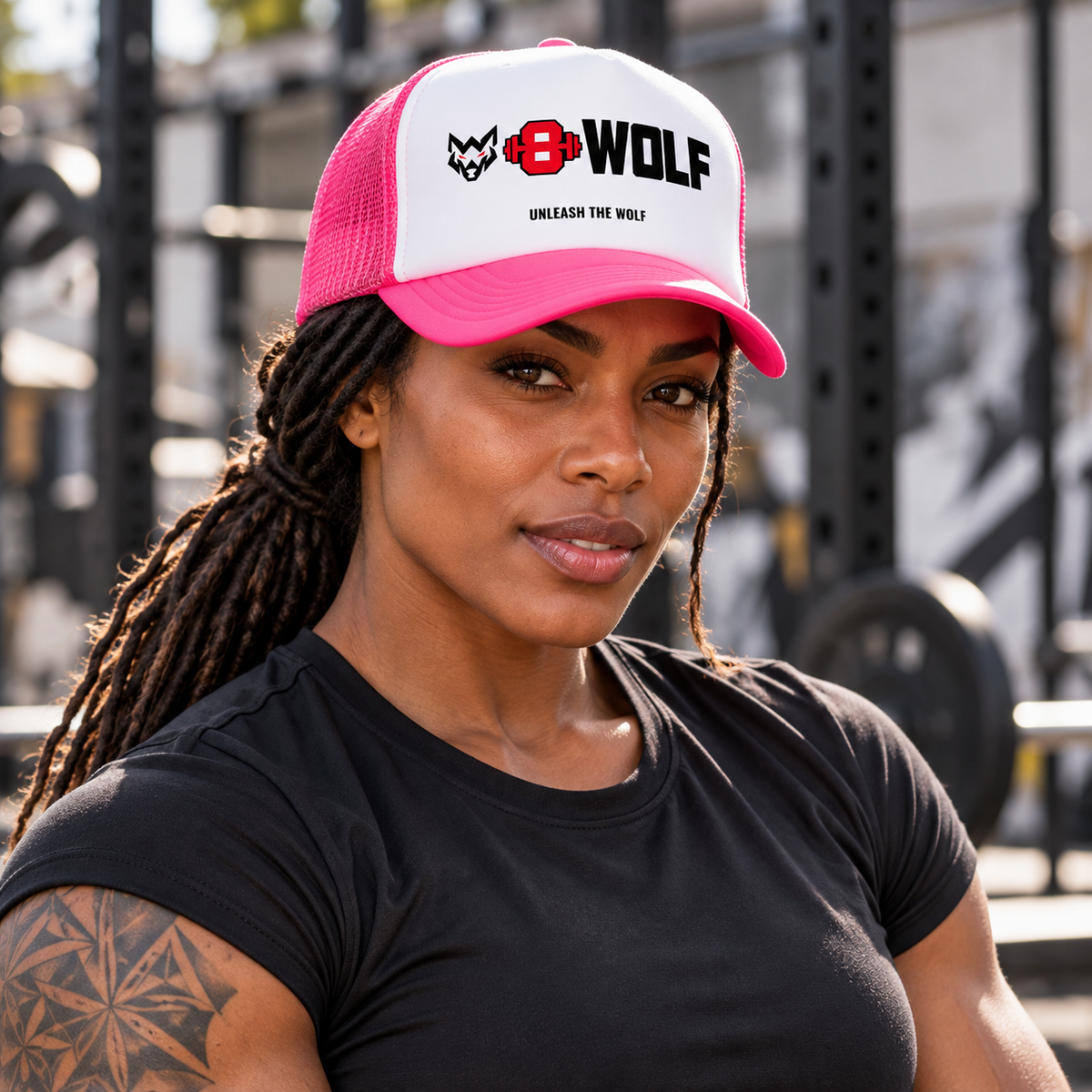AI-generated original adult tattooed female bodybuilder wearing W8WOLF Logo Trucker Hat Hot Pink White Hot Pink at an urban outdoor gym. Actual white foam panel hot pink brim mesh and original wolf red eyes barbell8 WOLF and UNLEASH THE WOLF retained. Tee styling only.