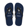 Navy Iron Press flip-flops original wolf and separate W8WOLF wordmarks on both footbeds