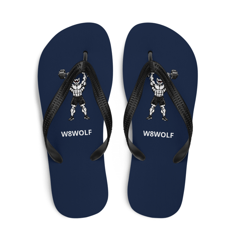 Navy Iron Press flip-flops original wolf and separate W8WOLF wordmarks on both footbeds