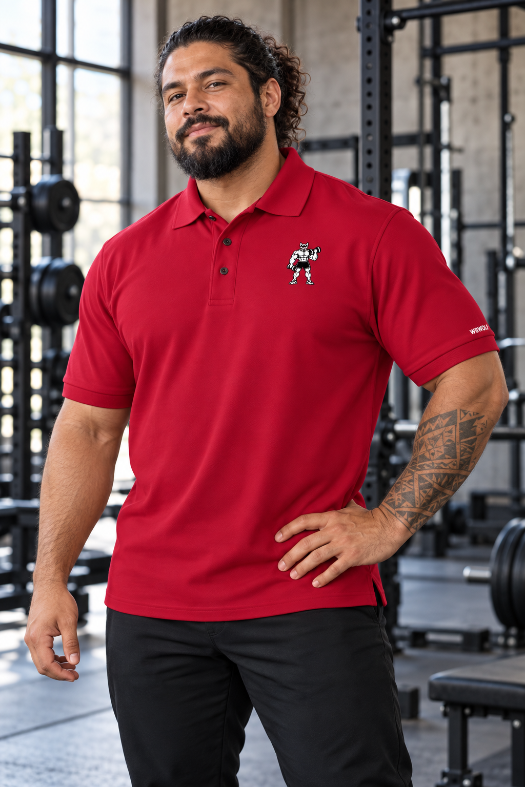 AI-generated original adult tattooed male powerlifter wearing W8WOLF Iron Curl Unleash Polo Red in an urban gym. Actual small red-eyed wolf chest emblem, white W8WOLF sleeve signature and three-button construction retained. Rear UNLEASH THE WOLF print shown in supplier photos. Trousers styling only.