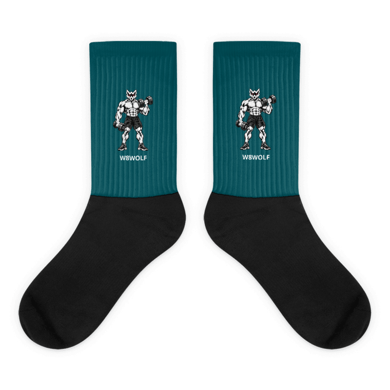 Teal curl wolf socks with separate white W8WOLF wordmark