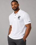 AI-generated original adult model wearing W8WOLF white Iron Curl Signature polo with chest wolf and left sleeve W8WOLF signature; illustrative fit image.