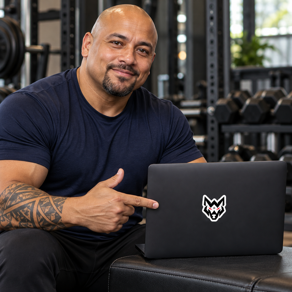 AI-generated original adult tattooed male bodybuilder displaying W8WOLF Wolf Emblem Vinyl Decal on a laptop in an urban gym. Actual small white die-cut perimeter and original black wolf red eyes design retained. Laptop and clothing styling only.