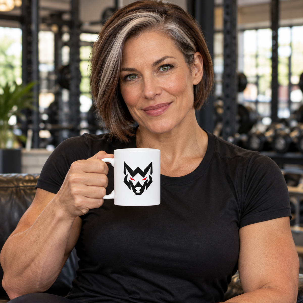 AI-generated original adult female bodybuilder holding W8WOLF Wolf Emblem Mug 11 oz in an urban gym lounge. Actual white ceramic mug and original black wolf red eyes front artwork retained. Clothing styling only; original supplier image retained.