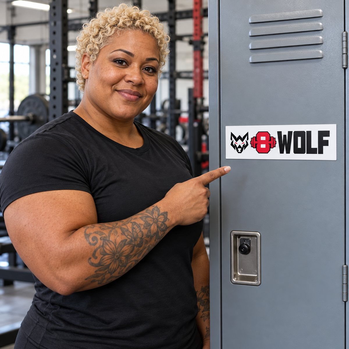 AI-generated original adult tattooed strongwoman displaying W8WOLF Bold Wordmark Magnet on a steel gym locker. Actual white rectangular 10 by 3 inch magnet and original black wolf red eyes red barbell8 WOLF design retained. Clothing and locker styling only.